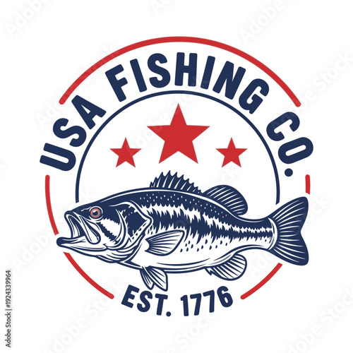A logo for a USA fishing company with a fish and stars fishing tshirt design