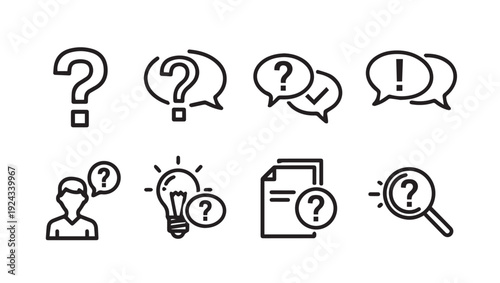 Question Mark Icons: Communication Ideas Search Information People Problem Solving