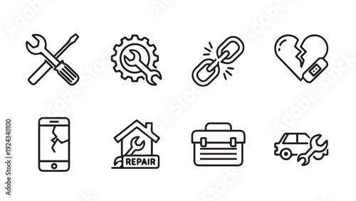 Repair Icons Set: Tools Car Phone Heart Link Toolbox HouseLine Art