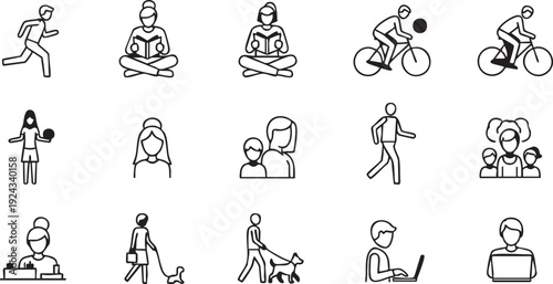 Black line of people in various activities line people running reading cycling