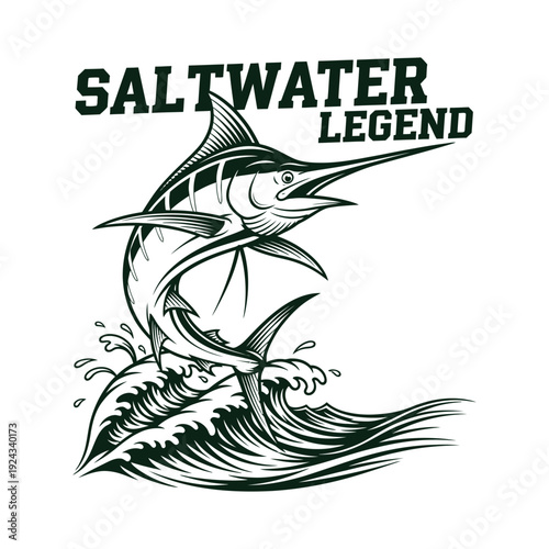 A marlin jumping out of the ocean wave with saltwater legend fishing tshirt design