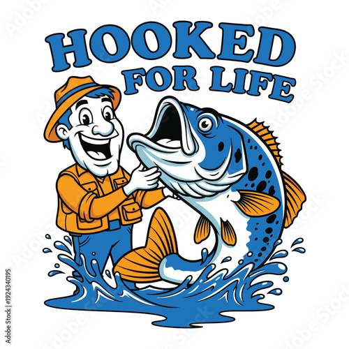A cartoon man happily holding a large fish in water fishing tshirt design