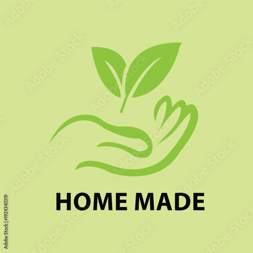 Homemade Organic Food Logo Green Hand Leaf Natural Eco Label Design