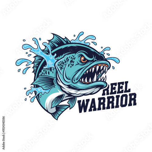A fierce cartoon fish with sharp teeth and water splashes fishing tshirt design