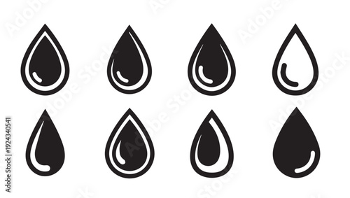 Set of eight black water drop icons on white background graphic elements vector illustration