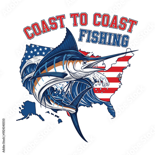A vibrant illustration of a marlin fish on an American map fishing tshirt design