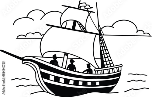 Sailing ship on the sea under a cloudy sky