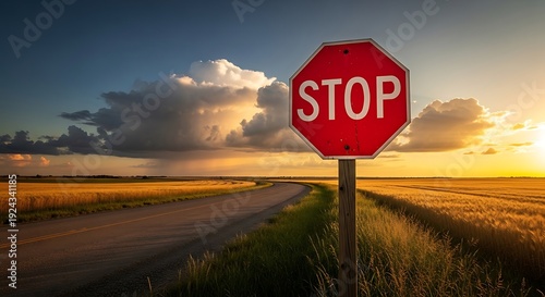Wallpaper Mural Red stop sign on rural road at sunset with clouds and open field white octagonal Torontodigital.ca