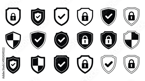 Collection of diverse black and white security shield icons featuring locked padlocks and verification checkmarks for digital protection systems.