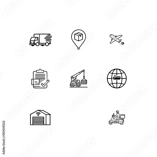 Logistics and supply chain linear icon set, global shipping, cargo delivery and warehouse management vector symbols