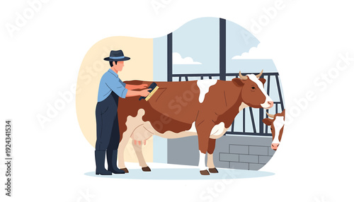 Farmer Brushing a Brown and White Cow in a Barn.