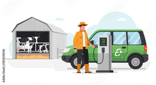 Farmer Charging Electric Vehicle at Farm with Cows.