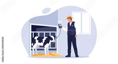 Farmer checks cow health with digital device in barn.