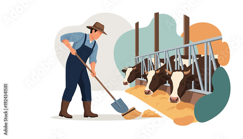 Farmer cleaning barn with cows in background illustration.