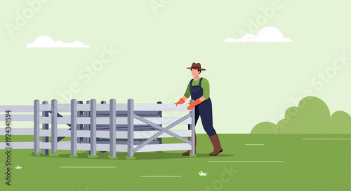 Farmer closing a gate on a farm with green fields.