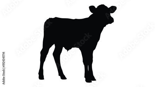 A black silhouette of a young calf standing in profile against a white background