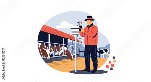 Farmer Inspecting Dairy Farm Equipment Near Cows.