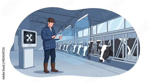 Farmer Inspecting Cows in Modern Barn with Technology.