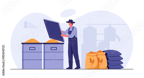 Farmer Inspecting Grain Silos and Sacks of Produce.