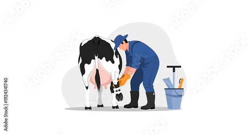 Farmer Milking a Dairy Cow on a Farm.