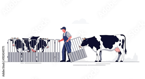 Farmer moving cows into a pen on a farm.