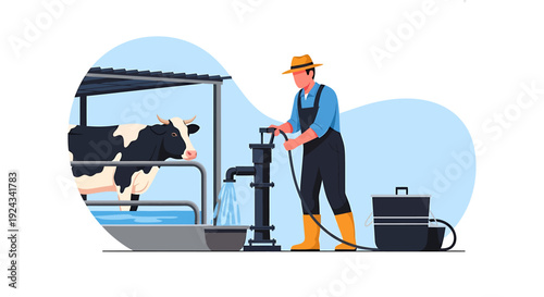 Farmer operating water pump near cow in barn.