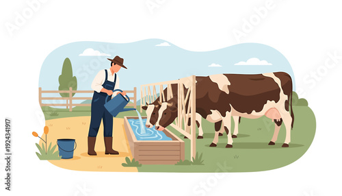 Farmer watering cow at farm trough.