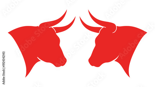 Two red bull heads facing each other in a symmetrical graphic design