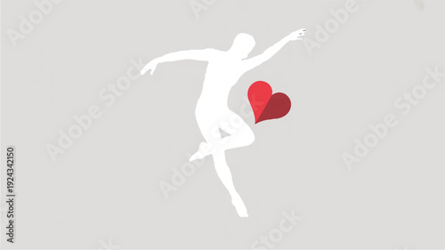 Person silhouette jumping with red heart on gray background