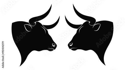 Two black silhouettes of bull heads facing each other in a symmetrical design