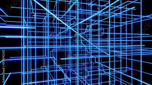 Abstract Blue Neon Grid Network Digital Background.