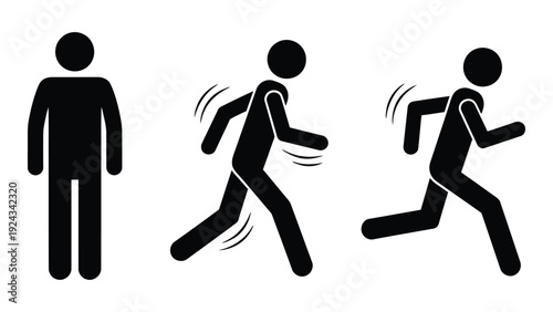 Simple black silhouettes illustrate a progression of human movement from standing to running