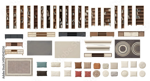 Storage and Decor Furniture Top View Vector Collection – Bookcases, Rugs and Interior Styling Symbols