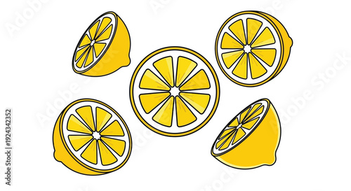 Citrus lemon slices are illustrated on a white background.