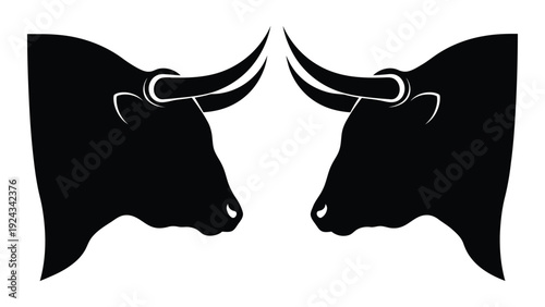 Two symmetrical bull heads face each other in a minimalist black and white design