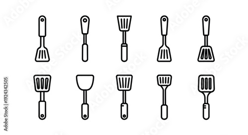 Ten kitchen spatulas depicted with thin black outline icons.