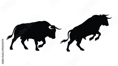 Two black silhouettes of bulls facing each other in a dynamic pose