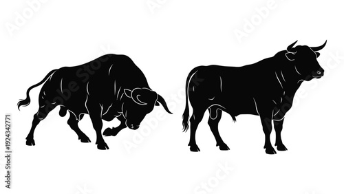 Two black silhouettes of bulls facing each other showcasing strength and power