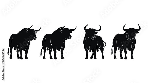 Silhouette of four bulls in a row showcasing different poses and sizes