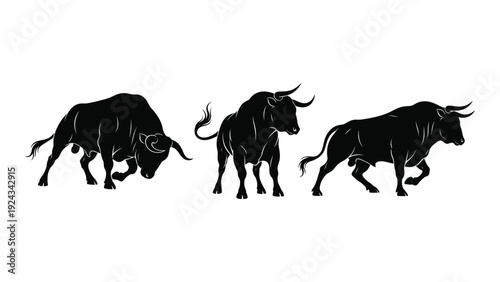 Three black silhouettes of bulls in various dynamic poses are displayed