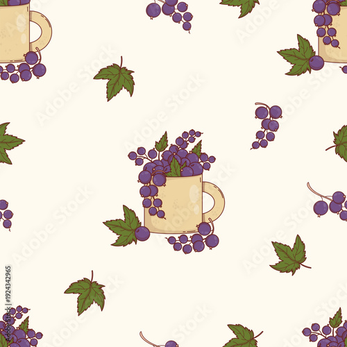 Seamless Pattern with Black Currant in Ceramic Mug with Green Leaves on White Background. Fresh Purple Fruit Square template. Vector Illustration