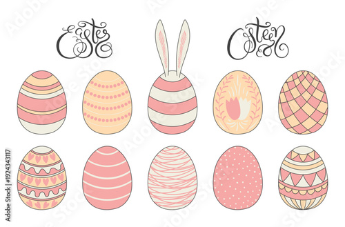 Painted, died Easter egg illustration isolated set. Text Ostern, Easter in German. Holiday clip art collection, celebration, egg hunt, tradition, seasonal card, banner. Line vector design element