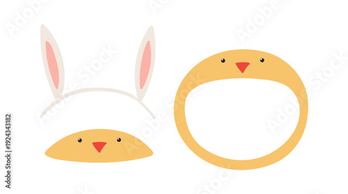 Easter bunny ears, chick hat costume accessory isolated illustration set. Holiday clip art collection, card, banner, poster. Hand drawn flat vector design element