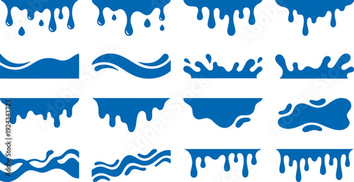 Collection of blue dripping liquid graphic design elements on white background for creative projects