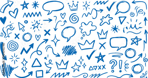 Collection of blue hand drawn doodles and symbols on white background for design and decoration purposes