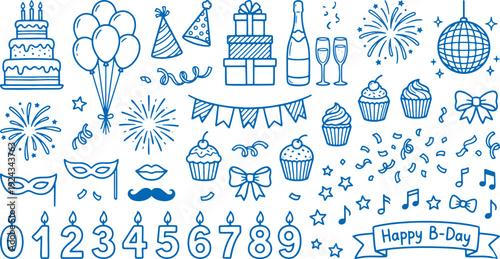 Canvas Print Blue birthday icons set with party symbols gifts cakes and decorations on white