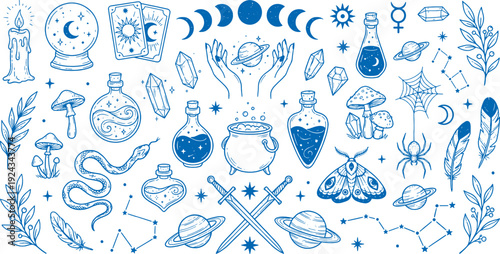 Mystical collection of occult symbols celestial bodies and magical elements including potions crystals tarot cards a crystal ball snakes mushrooms moths feathers and ancient
