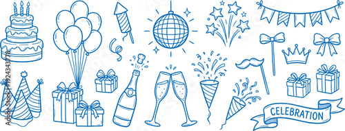 Festive collection of hand drawn blue line art icons and symbols celebrating special occasions featuring a tiered birthday cake balloons party hats fireworks champagne bottle