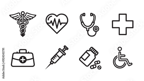 Set of medical icons: caduceus heartbeat stethoscope cross bag syringe pills wheelchair