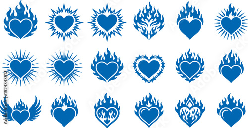 Collection of blue heart symbols with flames and wings on white background representing love and passion